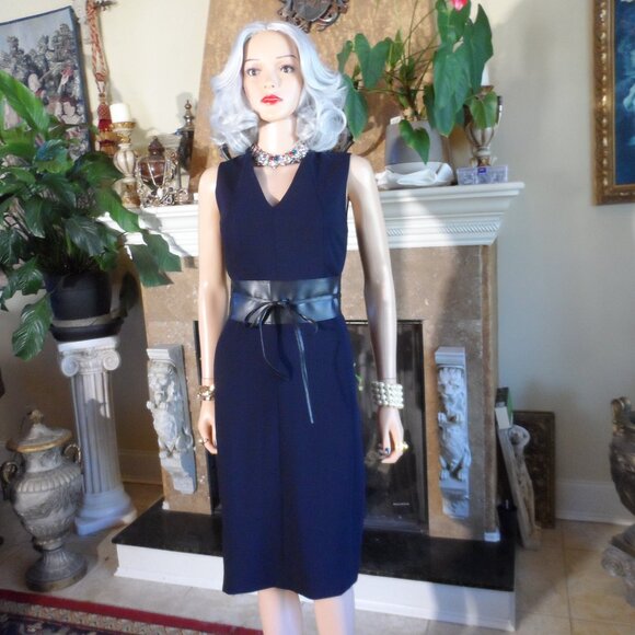 New Akris Navy Blue Wool-Blend V-Neck Sheath Dress Size US 10 - Picture 2 of 16